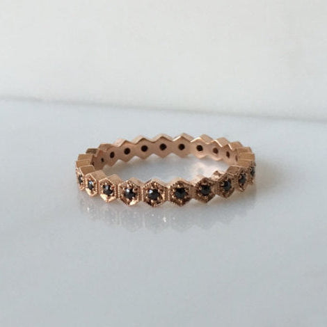 Hexagon Black Diamond Eternity Band, stacking band, wedding band, Geometric ring with black diamonds, infinity band, 14k gold band