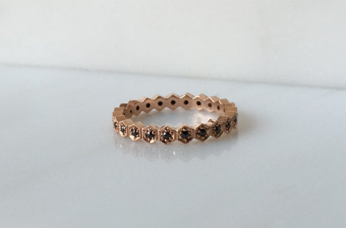 Hexagon Black Diamond Eternity Band, stacking band, wedding band, Geometric ring with black diamonds, infinity band, 14k gold band