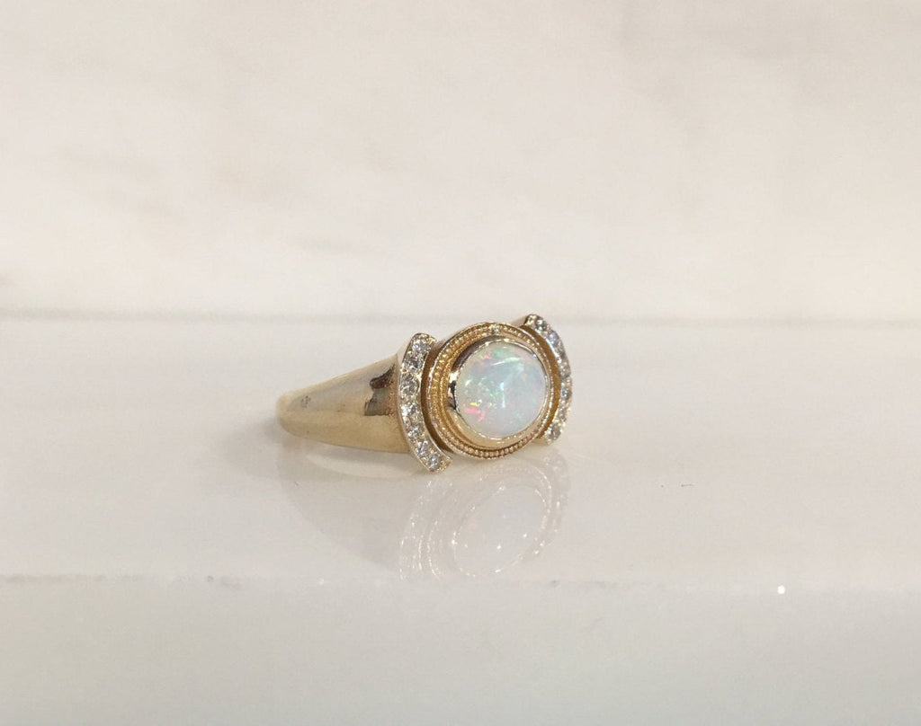 Aurora opal and diamond ring, opal and diamond ring, bezel opal ring, bezel ring, 14k gold opal ring, diamond accent ring