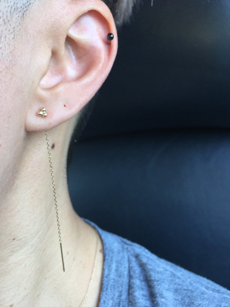 Three dot threader earring, 14k ball threader, 14k threader stud, gold three ball pull through earring, pull through earring single