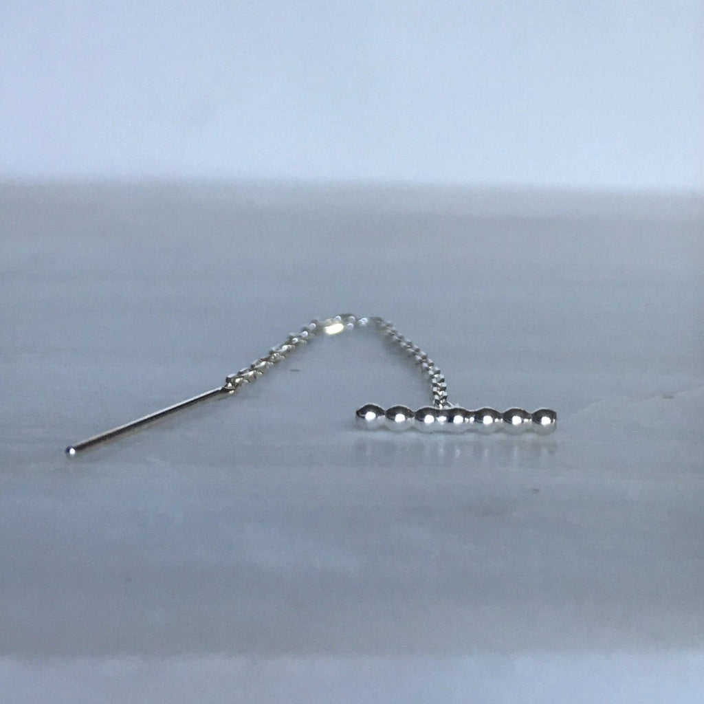 Beaded T bar threader, silver bar threader, beaded bar thread earring, beaded chain earring, single threader earring, pull through earring