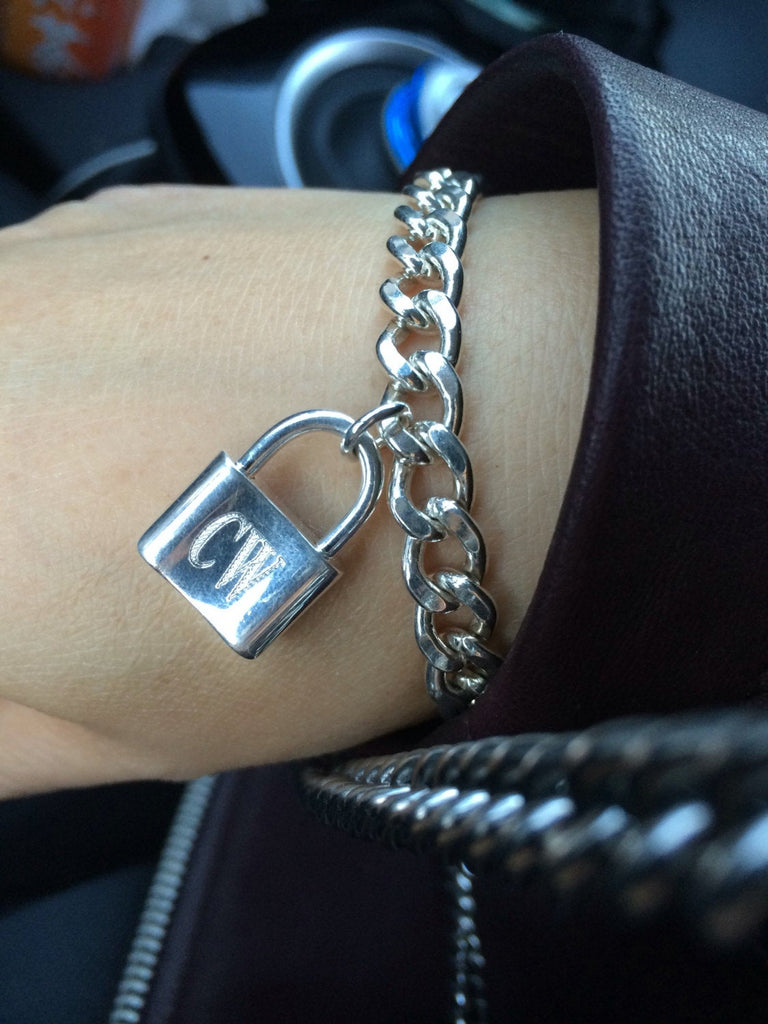 Curb chain lock bracelet, silver padlock bracelet, personalized bracelet, silver lock bracelet