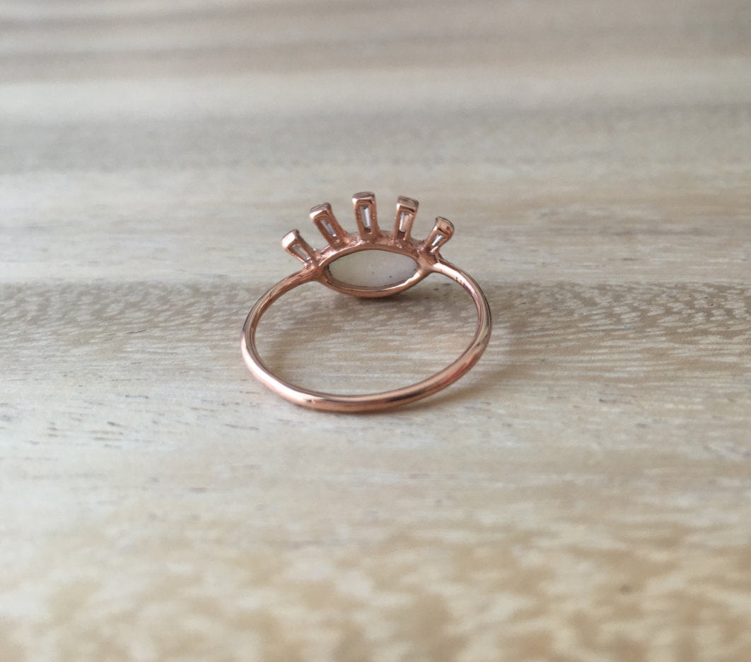 Opal eye ring, gold eye ring, third eye ring, opal and diamond baguette ring, eye of horus ring, evil eye ring