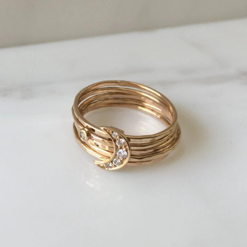 Diamond crescent moon stacking ring, Crescent moon ring set, Moon Rings, Gold Crescent Ring