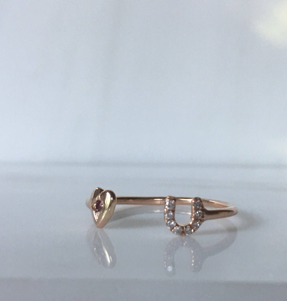 Love U Ring, 14k love you open ring, heart you cuff ring, 14k open diamond ring