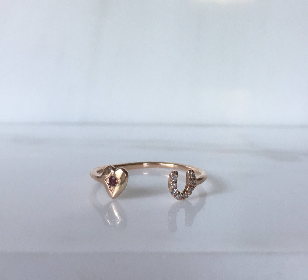 Love U Ring, 14k love you open ring, heart you cuff ring, 14k open diamond ring