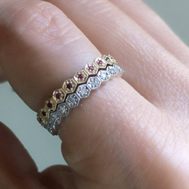 Hexagon Diamond Eternity band, diamond stacking band, wedding band, infinity Geometric ring, diamond infinity ring