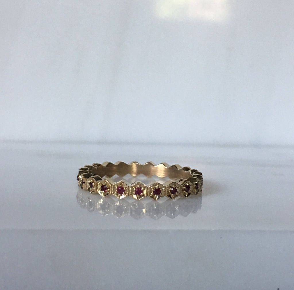 Hexagon Ruby Eternity Band, stacking band, wedding band, gold infinity Geometric ring with rubies, ruby infinity band, ruby wedding band