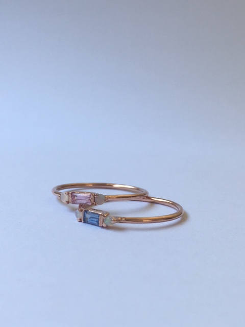 Limited Edition - Grand Baguette Sapphire Opal ring, 14k Stacking sapphire baguette ring, Three stone ring, Sapphire opal stacking ring