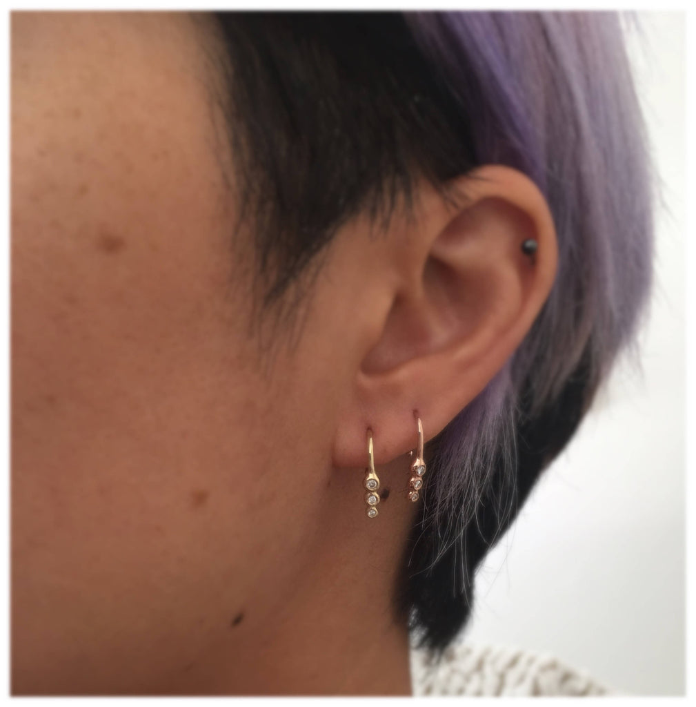 Ellipsis hook earring, ellipses, three dot earring, single diamond earring, three circle earring, 3 diamond earring, three stone earring