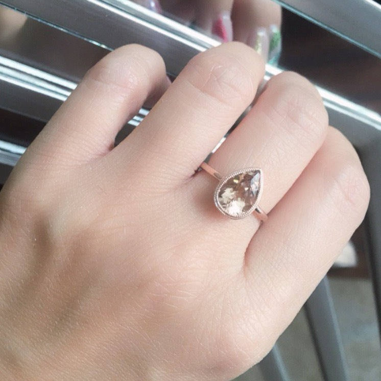 Pear morganite bezel ring, Morganite ring, gold solitaire ring, pear morganite ring, 14k gold simple bezel milgrain ring