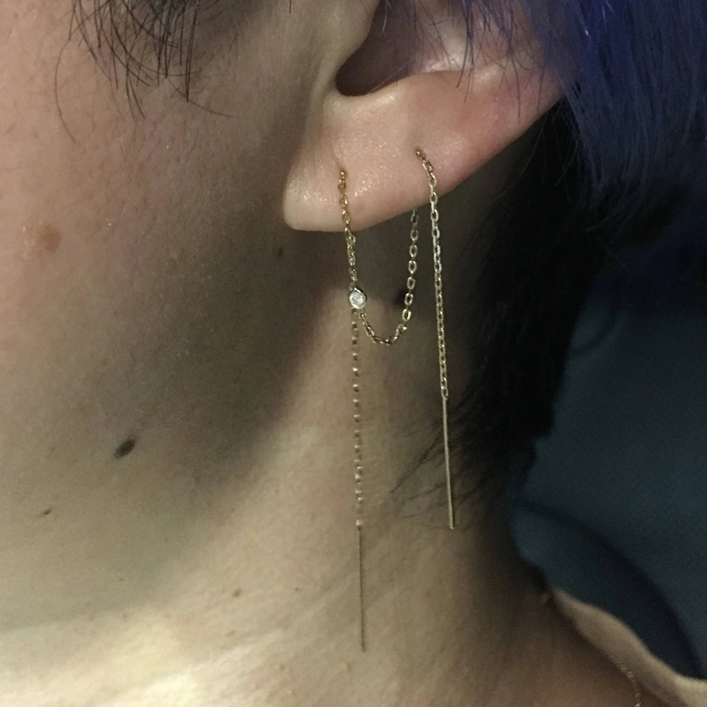 Diamond threader earring, 14k extra long diamond bezel threader, 14k threader, gold diamond pull through earring,