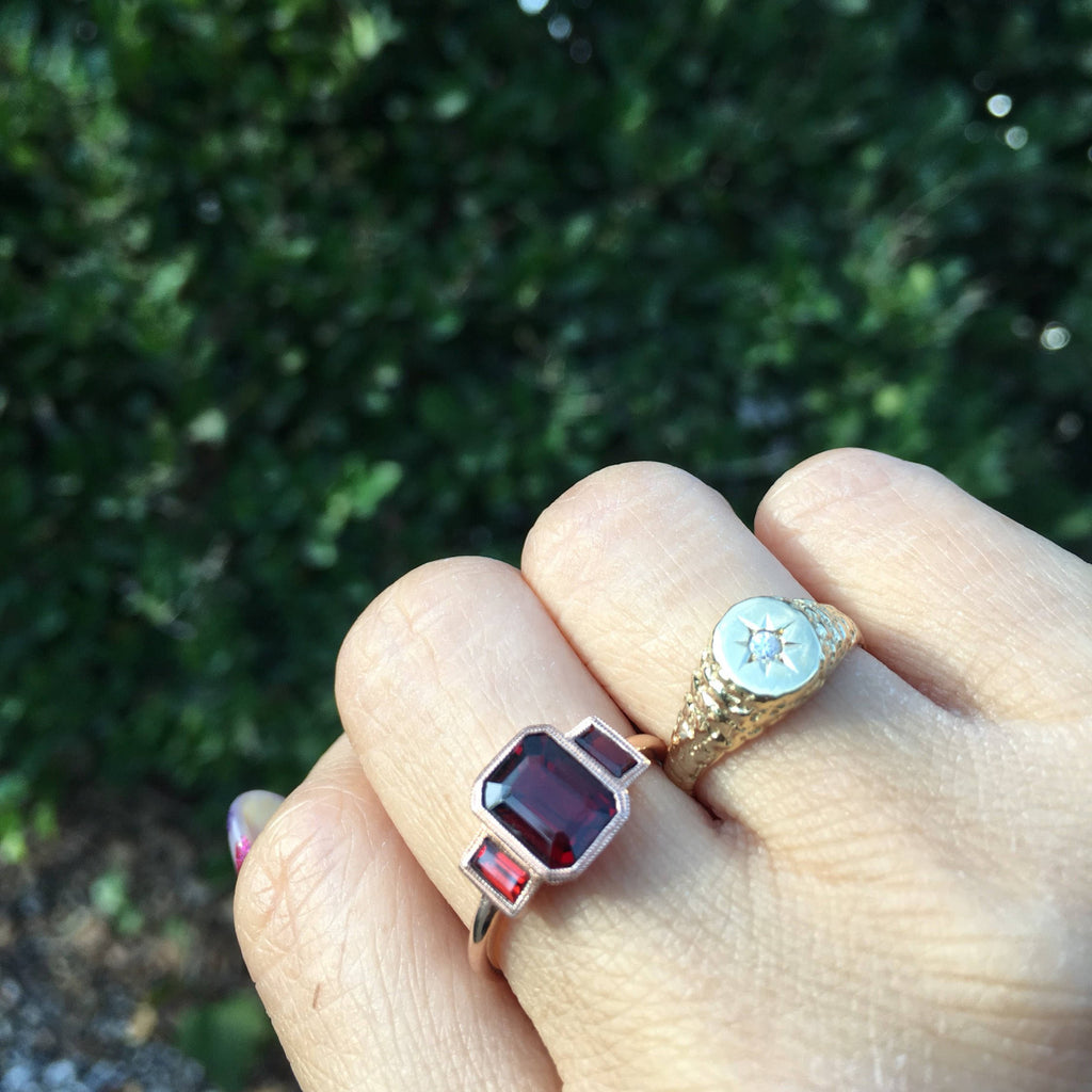 Charlotte Three Stone Ring, garnet emerald cut ring, garnet ring, deep red stone wedding ring, classic engagement ring