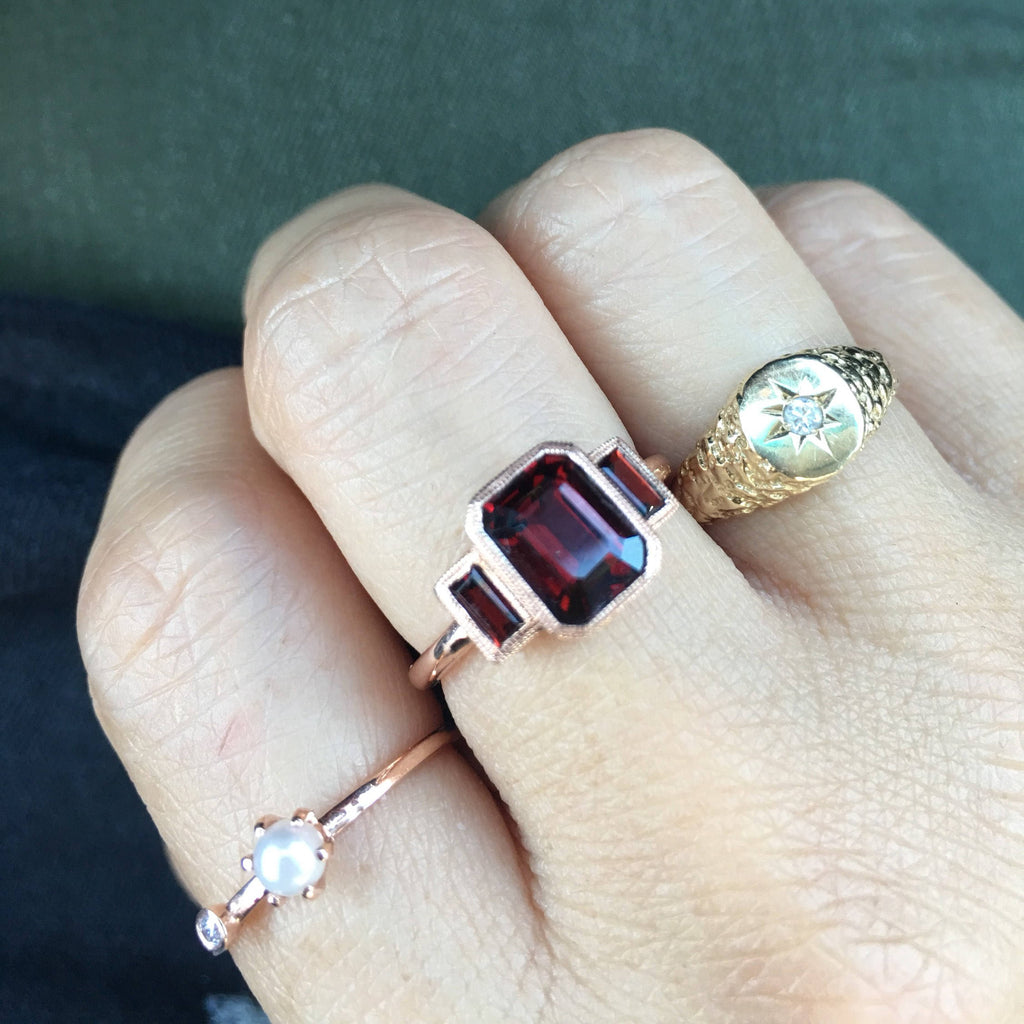 Charlotte Three Stone Ring, garnet emerald cut ring, garnet ring, deep red stone wedding ring, classic engagement ring