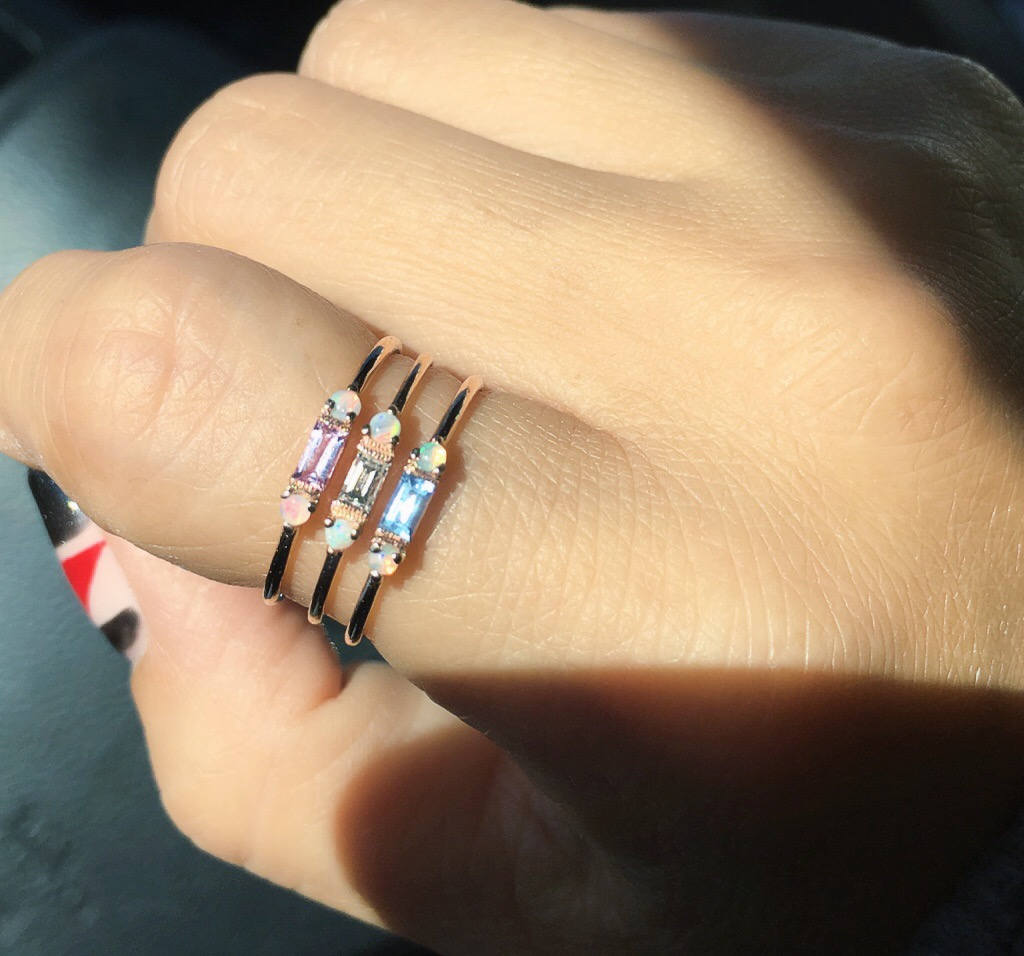 Limited Edition - Grand Baguette Sapphire Opal ring, 14k Stacking sapphire baguette ring, Three stone ring, Sapphire opal stacking ring