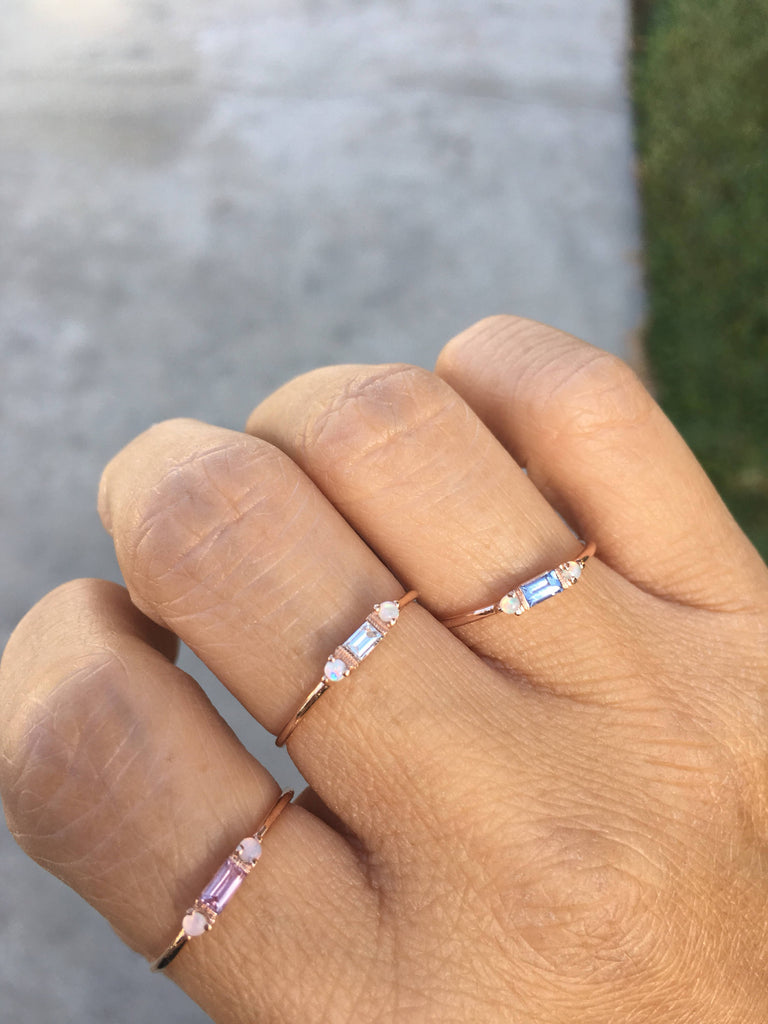 Grand Baguette Diamond with Opal ring, 14k Stacking diamond baguette ring, Three stone ring, diamond and opal stacking ring