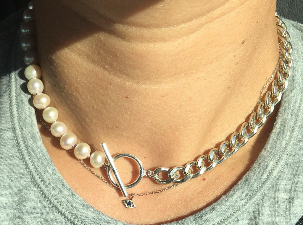 Split personality curb chain choker, pearl and chain Toggle Choker, sterling silver curb chain and pearl choker, heavy chain choker