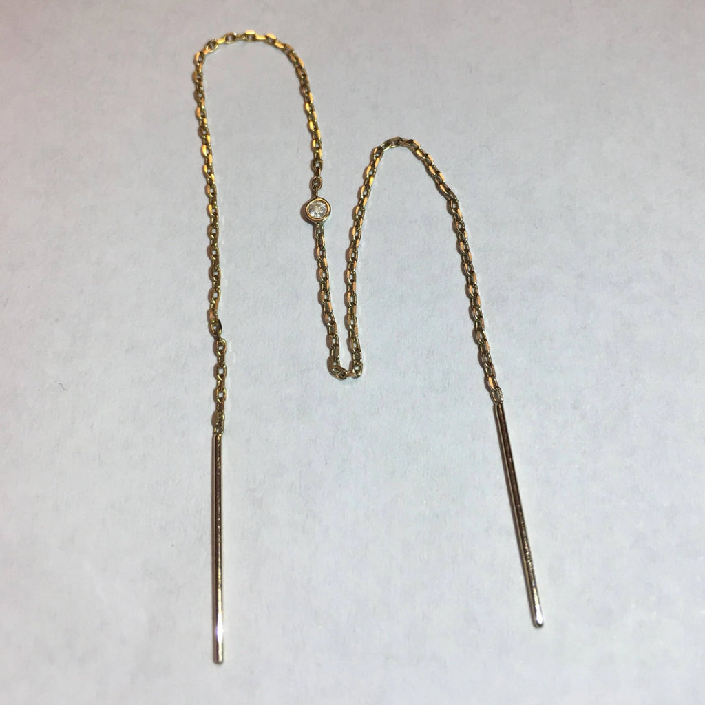 Diamond threader earring, 14k extra long diamond bezel threader, 14k threader, gold diamond pull through earring,