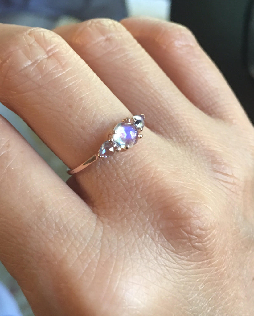 Penelope Moonstone ring, Moonstone and  rosecut sapphire ring, 3 stone ring, 14k gold rainbow moonstone ring
