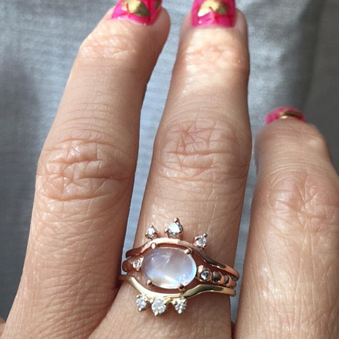 Ellipsis Oval Moonstone ring, three stone ring, Moonstone and diamond ring, 14k gold Moonstone ring