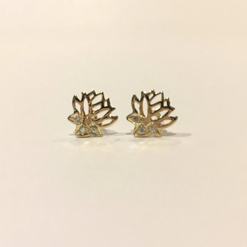 14k gold diamond lotus earrings, lotus stud earrings, diamond flower earrings, gold lotus studs