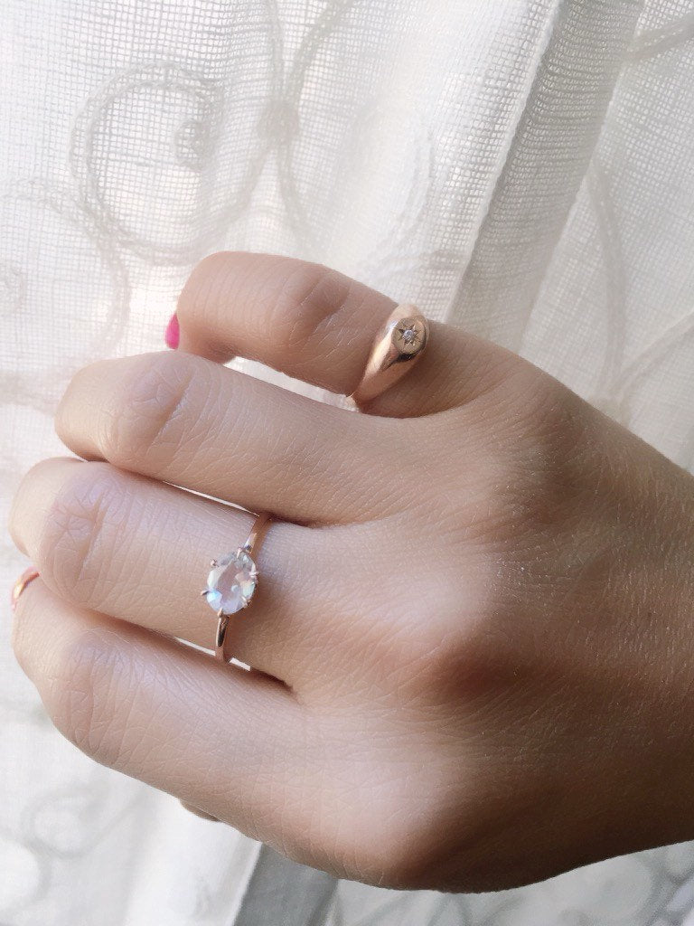 Margaux Moonstone Ring, rainbow Moonstone ring, gold solitaire ring, oval moonstone ring, 14k gold simple prong ring