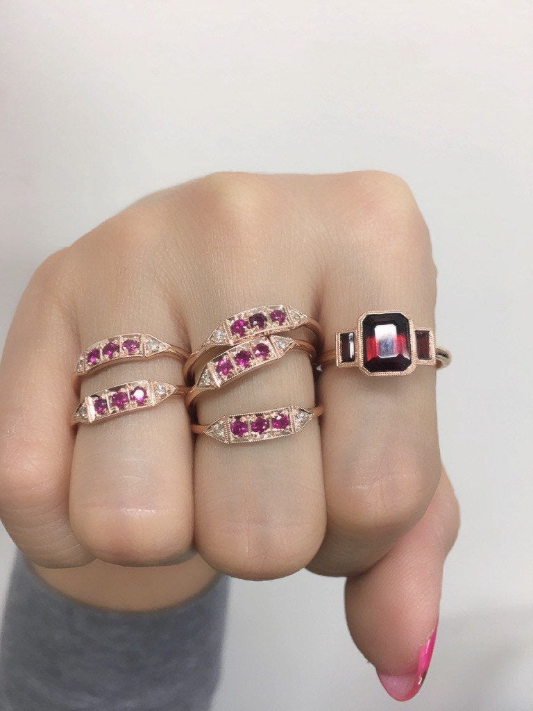 Ms. Goodbar ruby ring, 14k Stacking ring, Diamond and ruby ring, Five stone ring, Diamond Bar ring, Ruby Bar ring, Dainty band