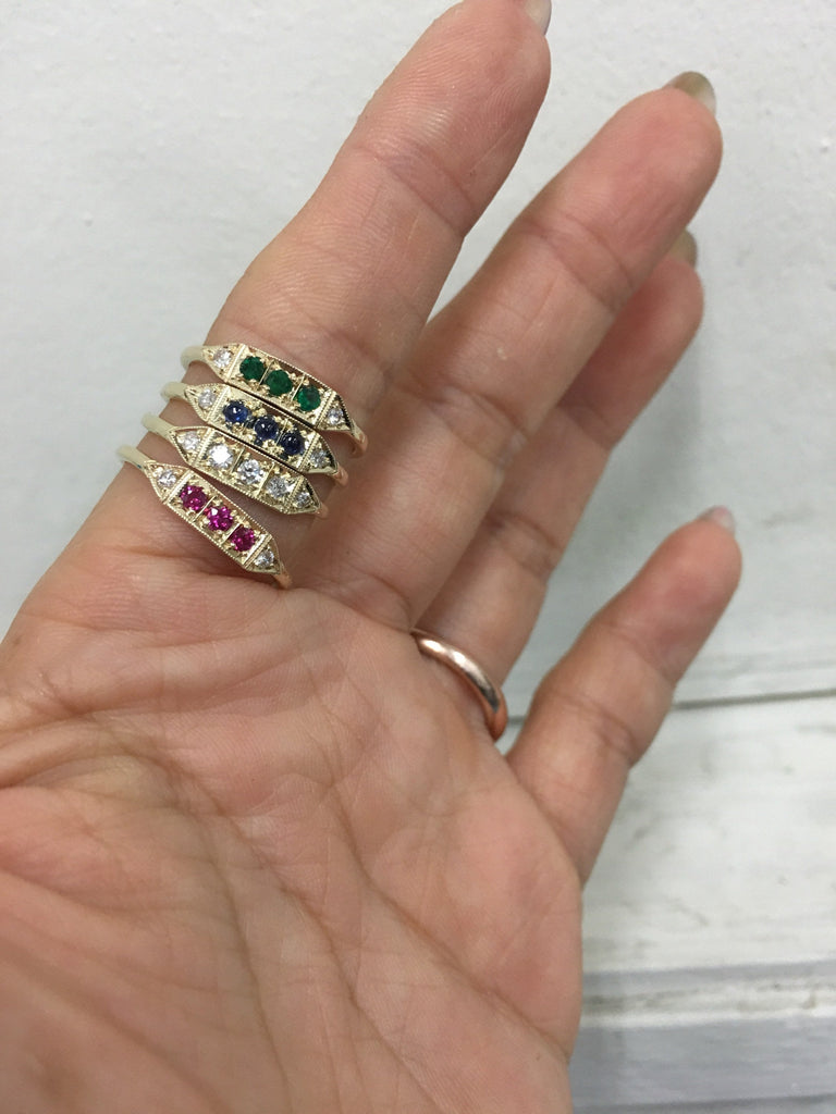 Ms. Goodbar ruby ring, 14k Stacking ring, Diamond and ruby ring, Five stone ring, Diamond Bar ring, Ruby Bar ring, Dainty band