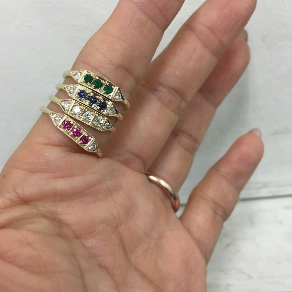 Ms. Goodbar ruby ring, 14k Stacking ring, Diamond and ruby ring, Five stone ring, Diamond Bar ring, Ruby Bar ring, Dainty band