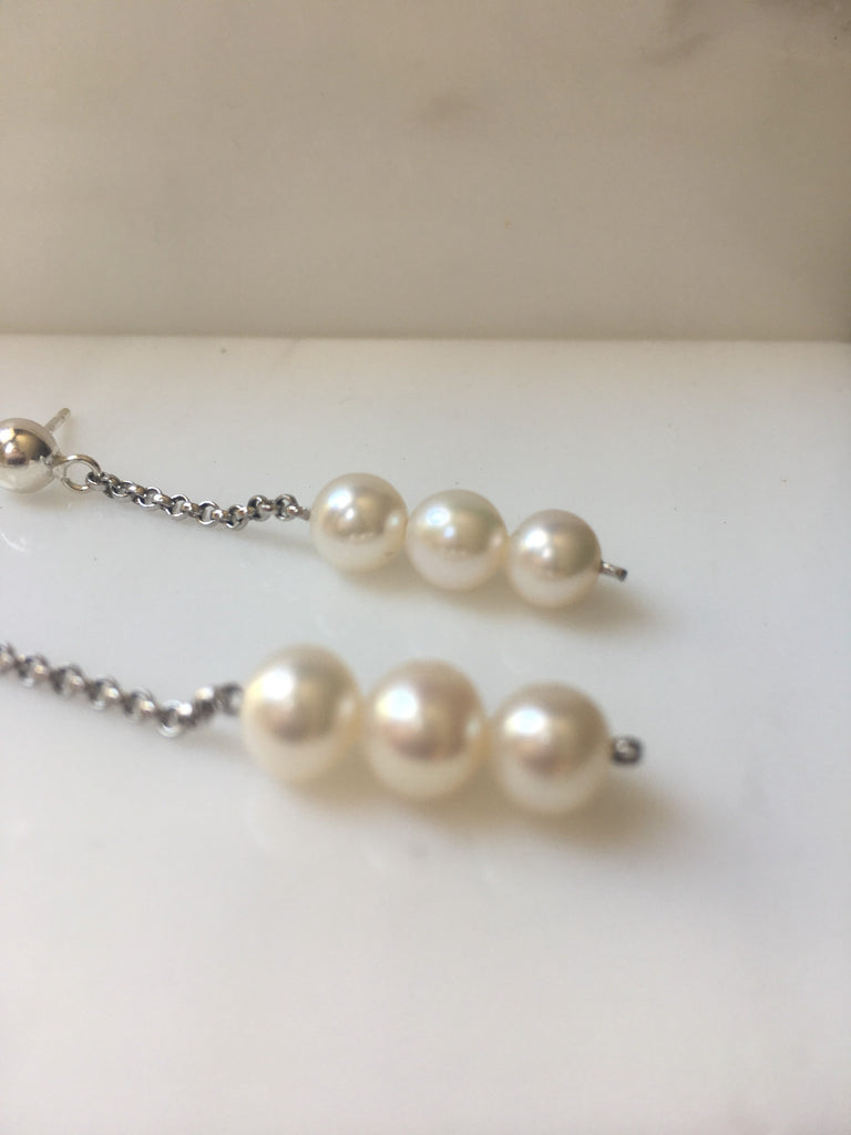 Asymmetrical Pearl Trio earrings, long pearl earrings, chain earrings, sterling silver shoulder dusting chain earrings, silver pearl earring