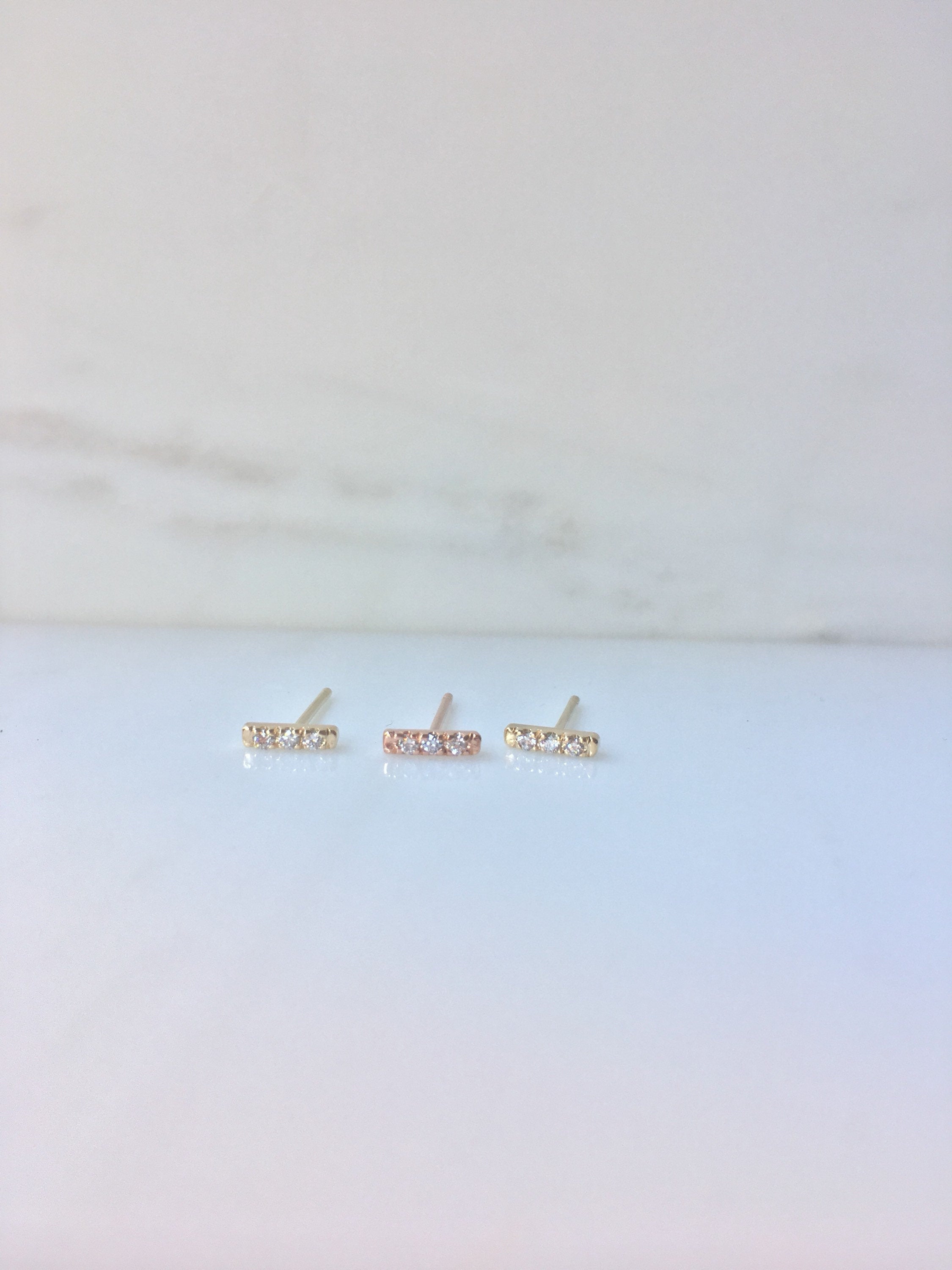 Mini diamond bar earrings, 14k Diamond bar Earrings, 3 Diamond earrings, mini gold bar Earrings, small Diamond Earrings
