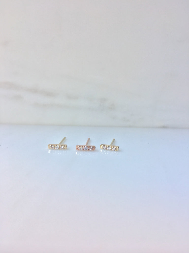 Mini diamond bar earrings, 14k Diamond bar Earrings, 3 Diamond earrings, mini gold bar Earrings, small Diamond Earrings