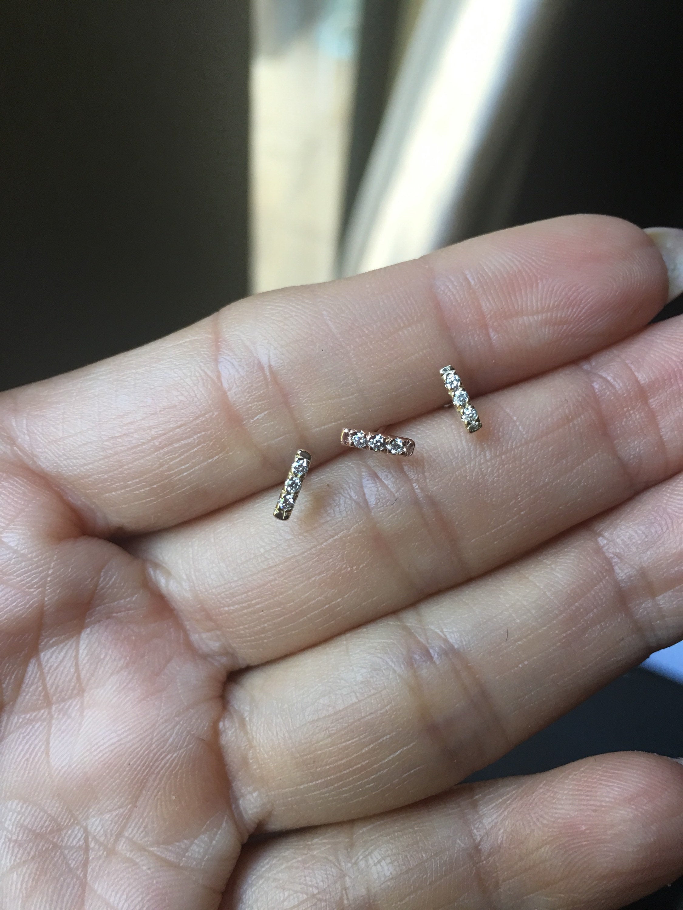 Mini diamond bar earrings, 14k Diamond bar Earrings, 3 Diamond earrings, mini gold bar Earrings, small Diamond Earrings
