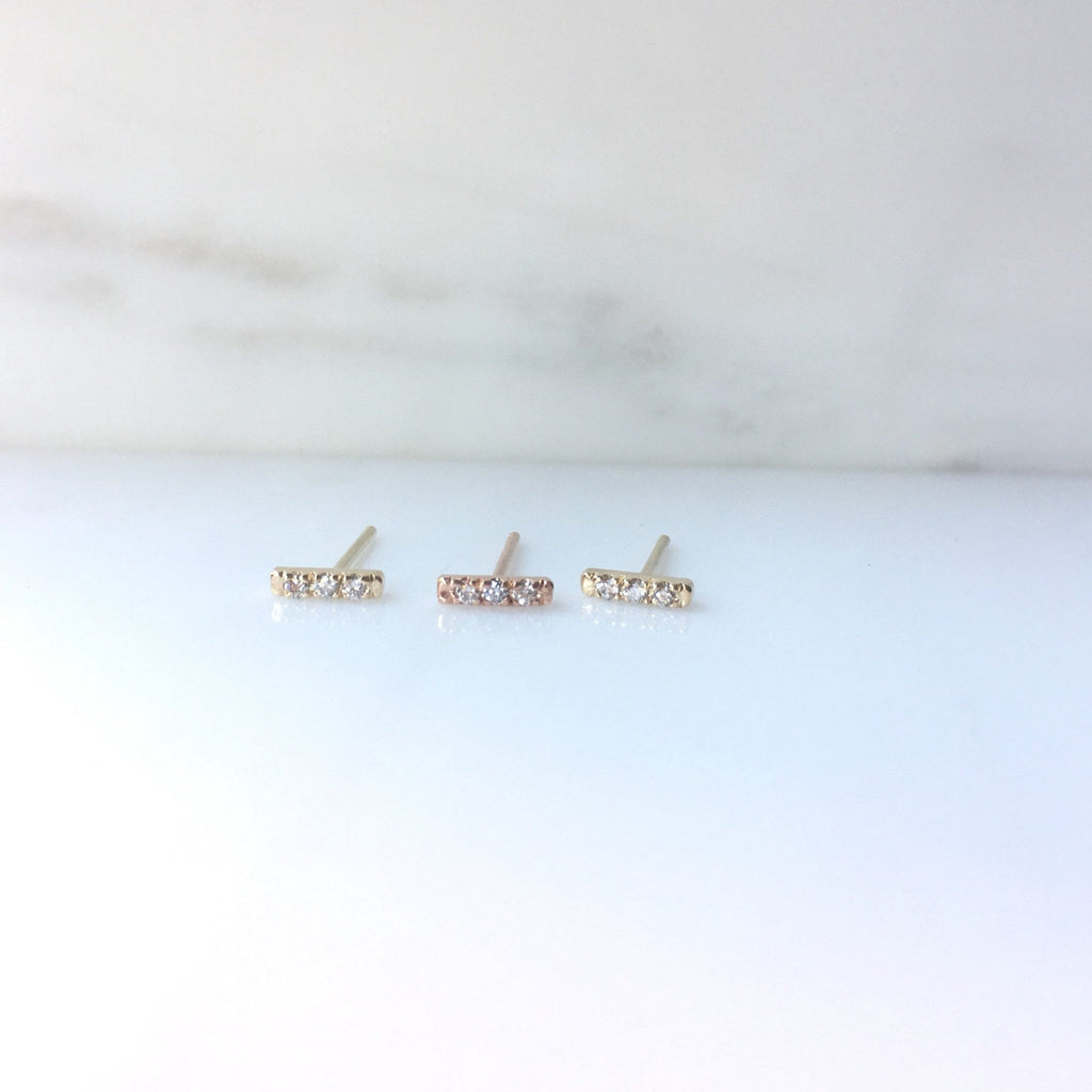 Mini diamond bar earrings, 14k Diamond bar Earrings, 3 Diamond earrings, mini gold bar Earrings, small Diamond Earrings