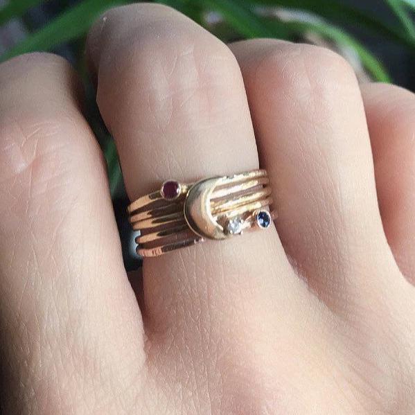 Gold mothers ring set, personalized stacking ring set, birthstone ring stack Love you to the moon and back stack, crescent moon ring