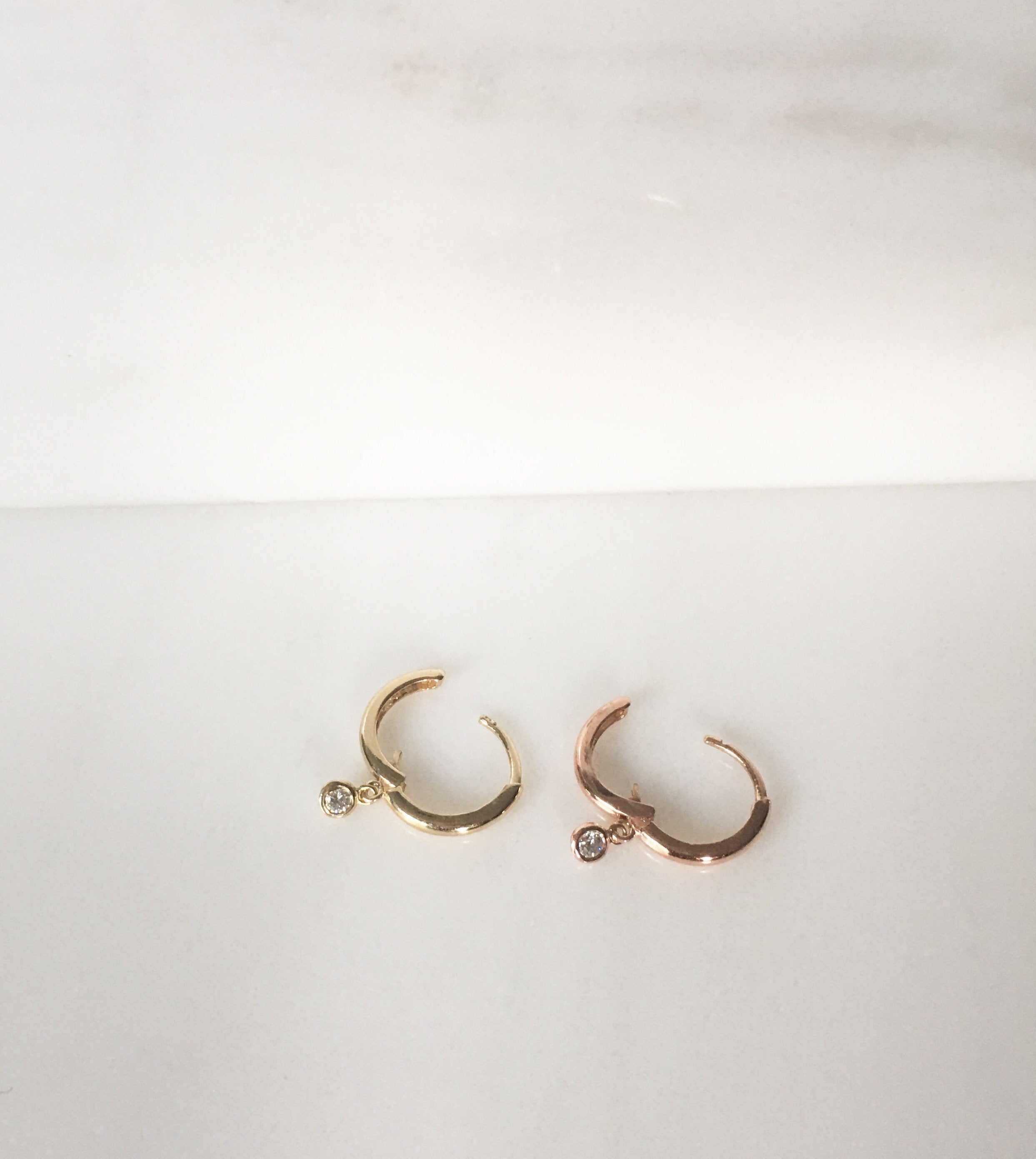 Small diamond charm hoop, small 14k gold diamond hoop, small gold hoop, gold hoops, diamond hoop earrings, mini diamond hoop