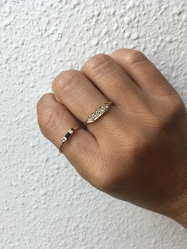 Grand Baguette Blackout Black Diamond ring, 14k Stacking diamond baguette ring, black Three stone ring, black gemstone stacking ring