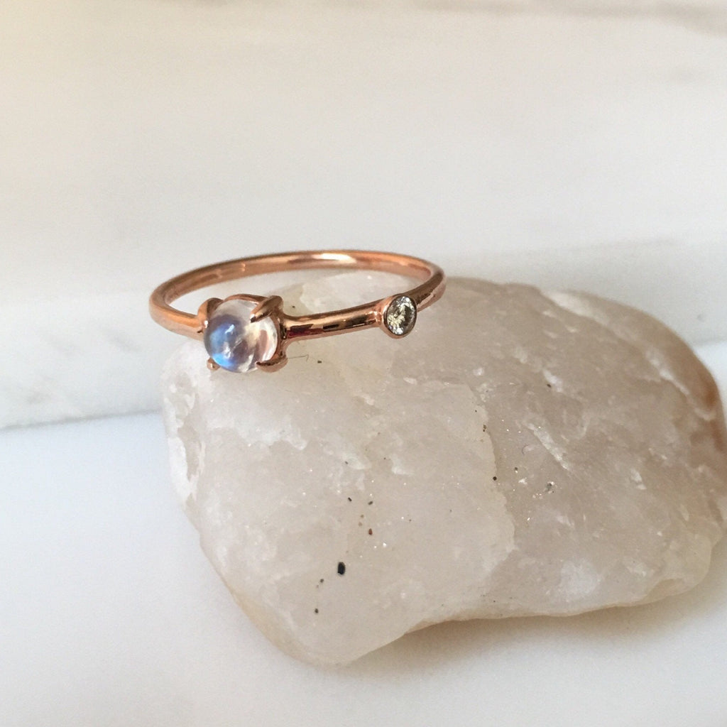 Moonstone Duet Ring (Medium), moonstone and diamond ring, gold rainbow moonstone ring, stacking ring, two stone band, promise ring, gold