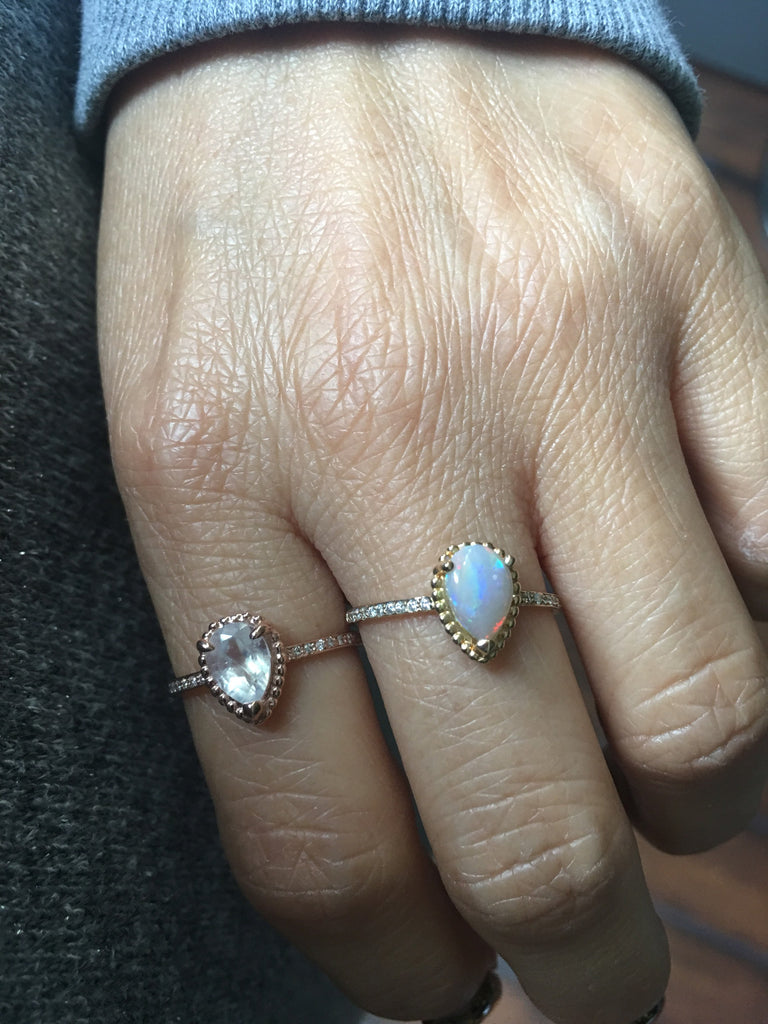 Ava Diamond Opal Ring, rainbow Opal halo ring, gold solitaire ring, pear opal ring, 14k gold opal prong engagement ring, opal halo ring