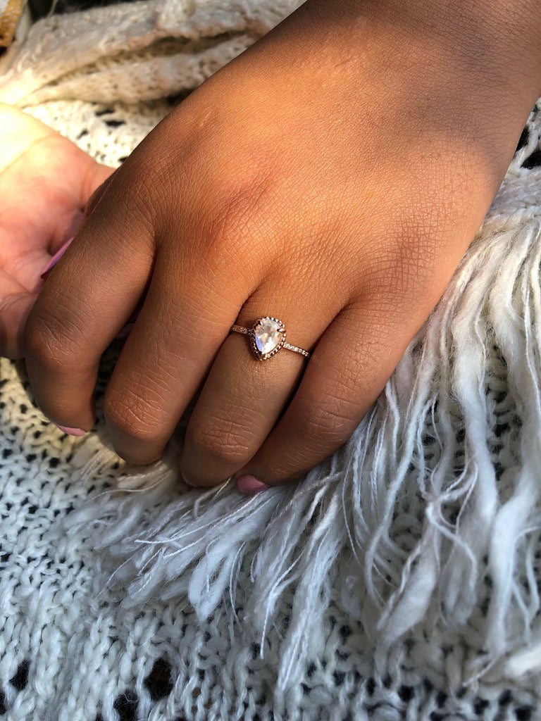 Ava Diamond moonstone ring, rainbow Moonstone halo ring, gold solitaire ring, pear moonstone ring, 14k gold moonstone prong engagement ring