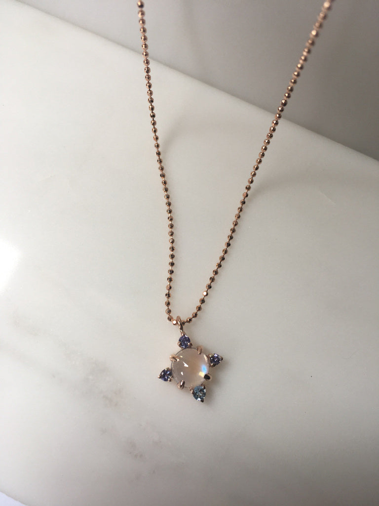 Compass Moonstone Necklace, round moonstone aquamarine iolite & tanzanite necklace, 14k gold moonstone cross necklace, pendant necklace