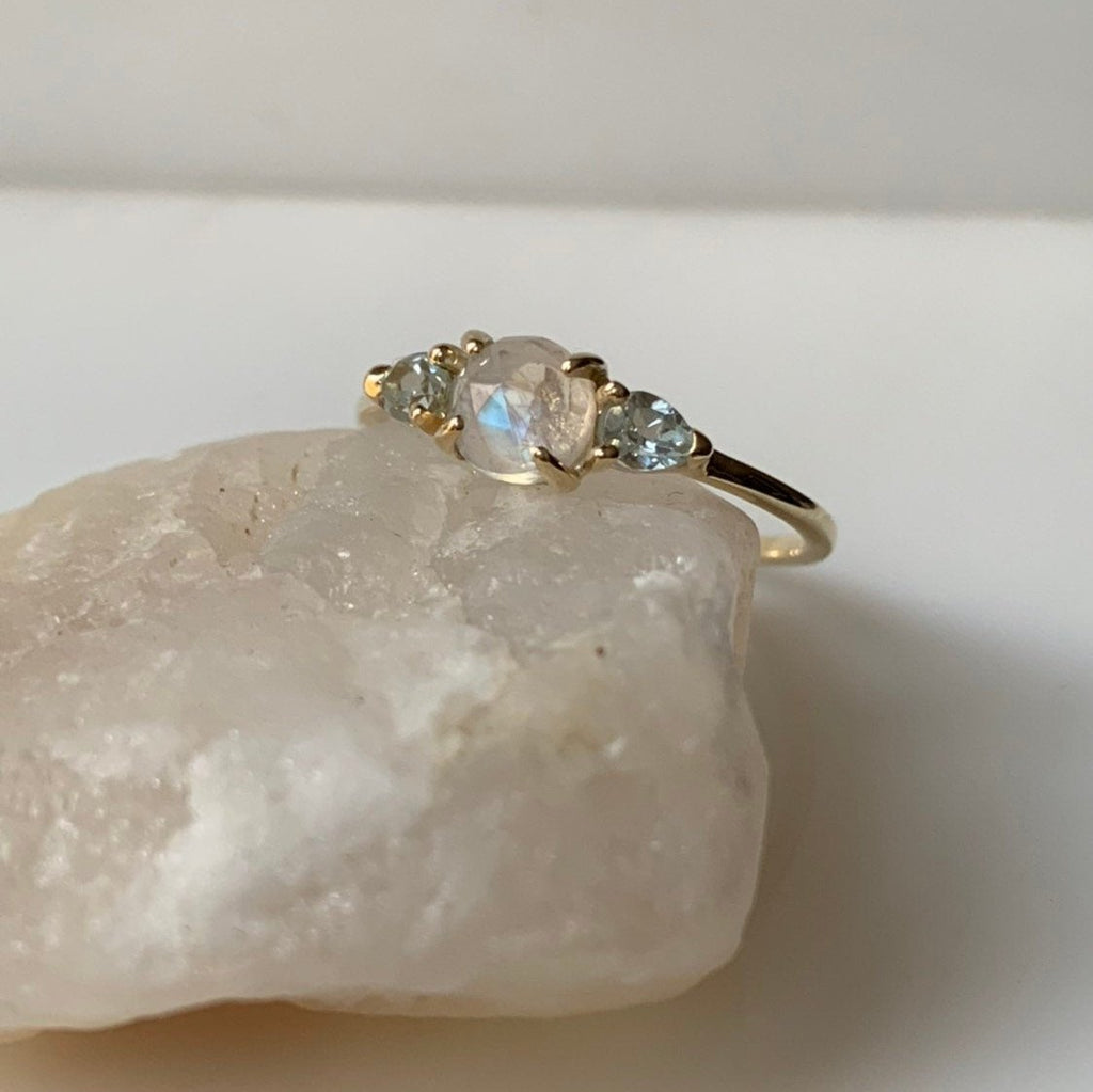 Penelope rosecut Moonstone ring, Moonstone and  aquamarine ring, 3 stone ring, 14k gold rainbow moonstone ring