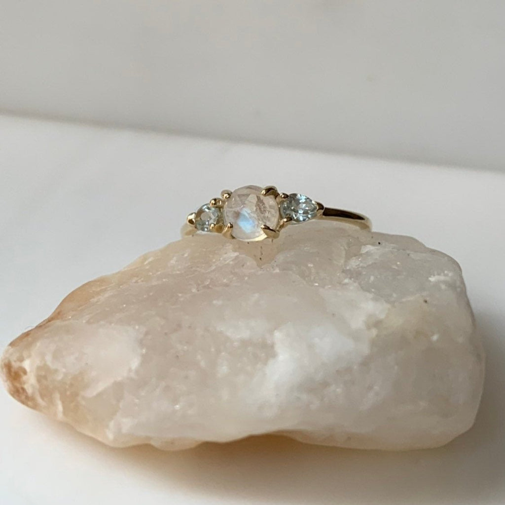 Penelope rosecut Moonstone ring, Moonstone and  aquamarine ring, 3 stone ring, 14k gold rainbow moonstone ring