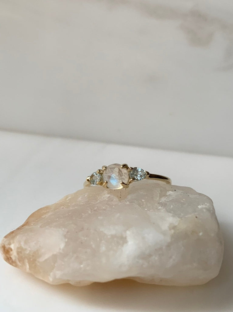 Penelope rosecut Moonstone ring, Moonstone and  aquamarine ring, 3 stone ring, 14k gold rainbow moonstone ring