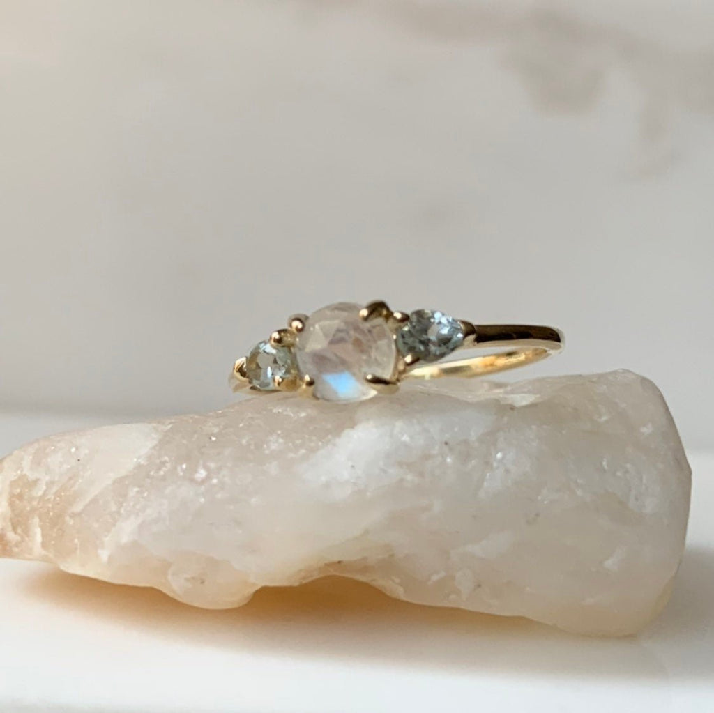 Penelope rosecut Moonstone ring, Moonstone and  aquamarine ring, 3 stone ring, 14k gold rainbow moonstone ring