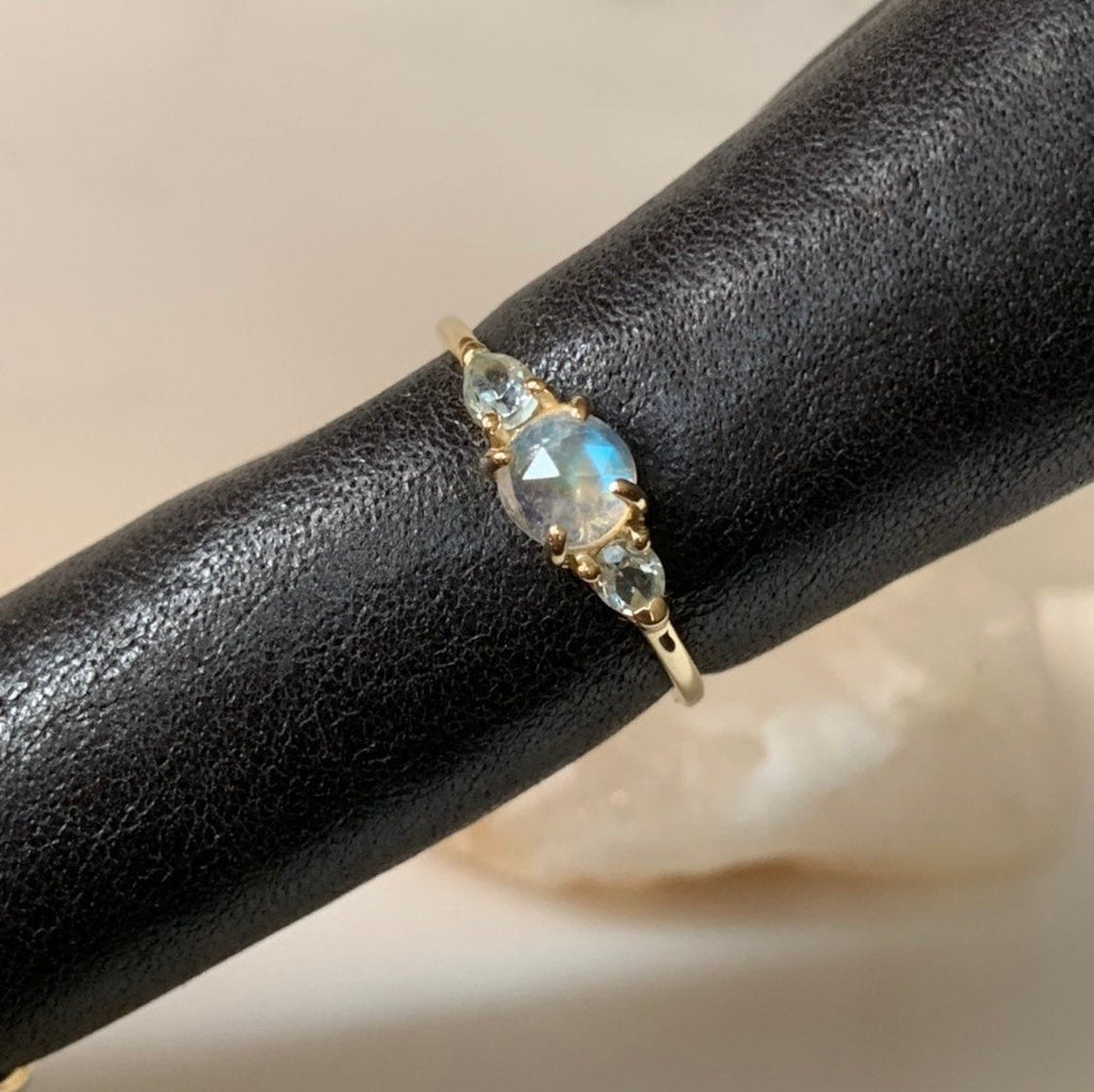 Penelope rosecut Moonstone ring, Moonstone and  aquamarine ring, 3 stone ring, 14k gold rainbow moonstone ring