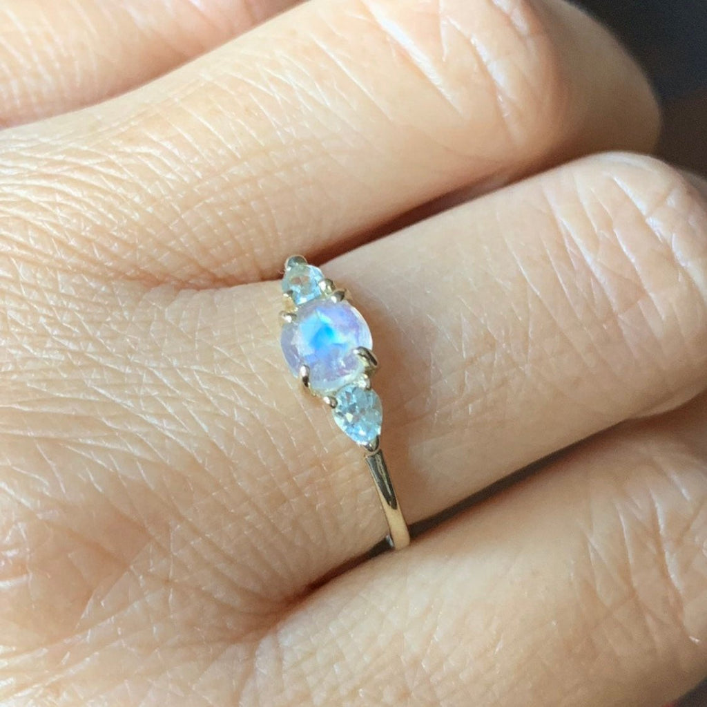 Penelope rosecut Moonstone ring, Moonstone and  aquamarine ring, 3 stone ring, 14k gold rainbow moonstone ring