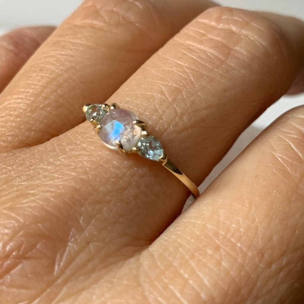 Penelope rosecut Moonstone ring, Moonstone and  aquamarine ring, 3 stone ring, 14k gold rainbow moonstone ring