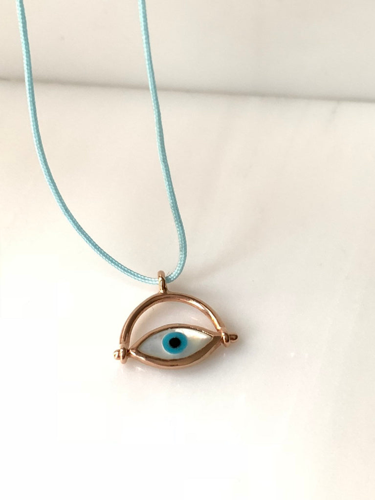 Eye Roll Cord Necklace, mother of pearl pendant, spinning charm, hamsa, third eye necklace, Protect me necklace