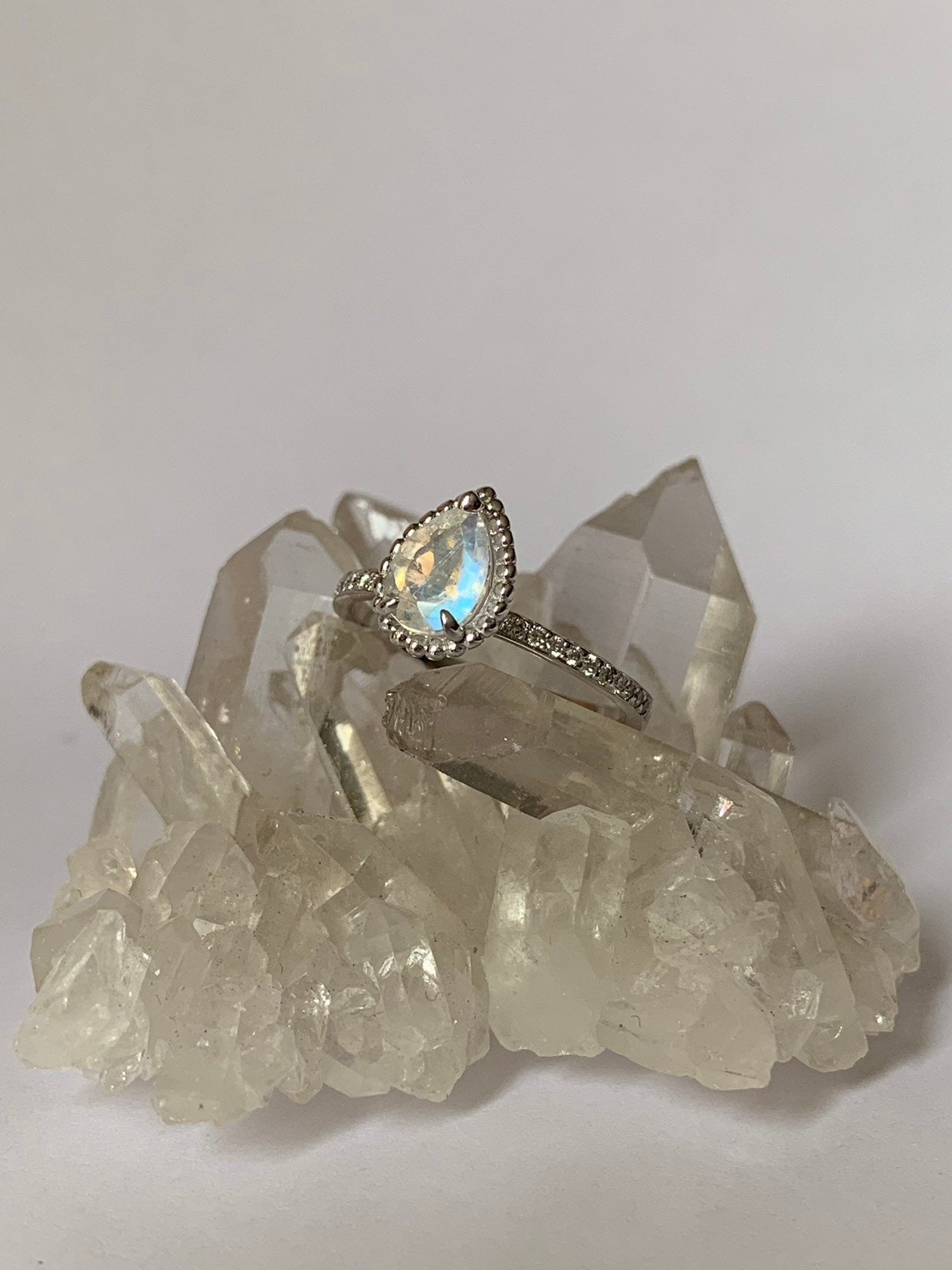 Ava Diamond moonstone ring, rainbow Moonstone halo ring, gold solitaire ring, pear moonstone ring, 14k gold moonstone prong engagement ring